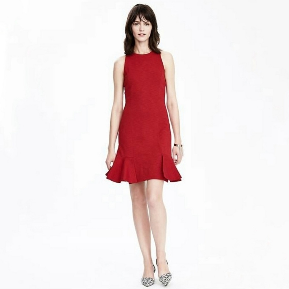 Banana Republic Red Ponte Flounce Sheath Stretchy Form Fitting Dress Size 4